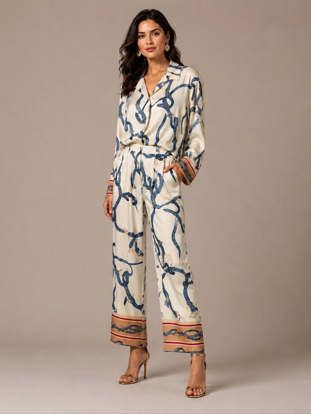 Made In Italy Rayon Viscosr Silk-Feel Cream & Blue Cable Printed Pants Sets